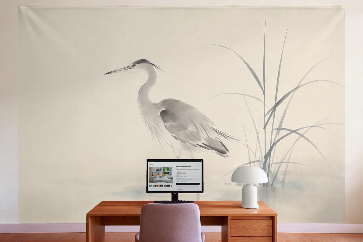 Wall decor in a home office behind the desk: printed fabric tapestry Grey Heron in the Reeds