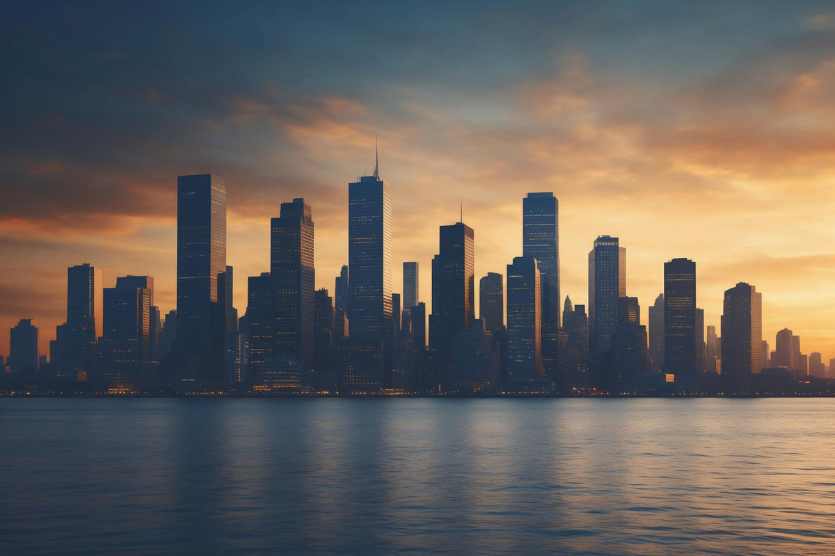 Skyline aus erfundenen Hochhäusern als Silhouette über ruhigem Wasser, als Wandtuch, auf Stoff gedruckt – Orange und Blau