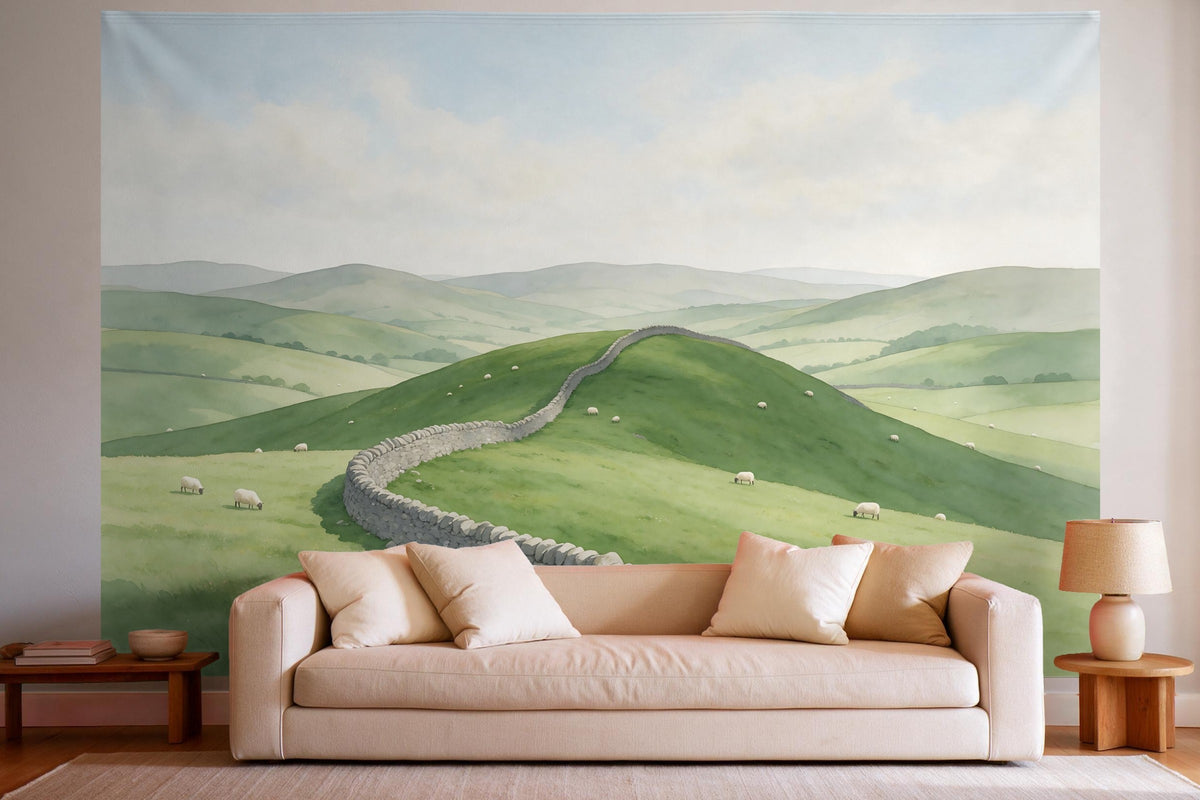 Wandtuch XXL Grüne Hügel mit Steinmauern als Wanddeko im hellen Wohnzimmer über dem Sofa