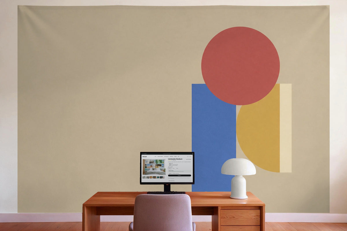 Tenture murale XXL Formes géométriques de base en rouge, jaune et bleu en déco murale dans le bureau derrière la table de travail
