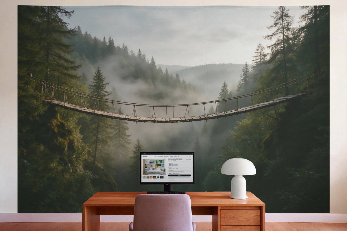 Decoración de pared en la oficina detrás del escritorio: tapiz de tela Puente colgante en la niebla