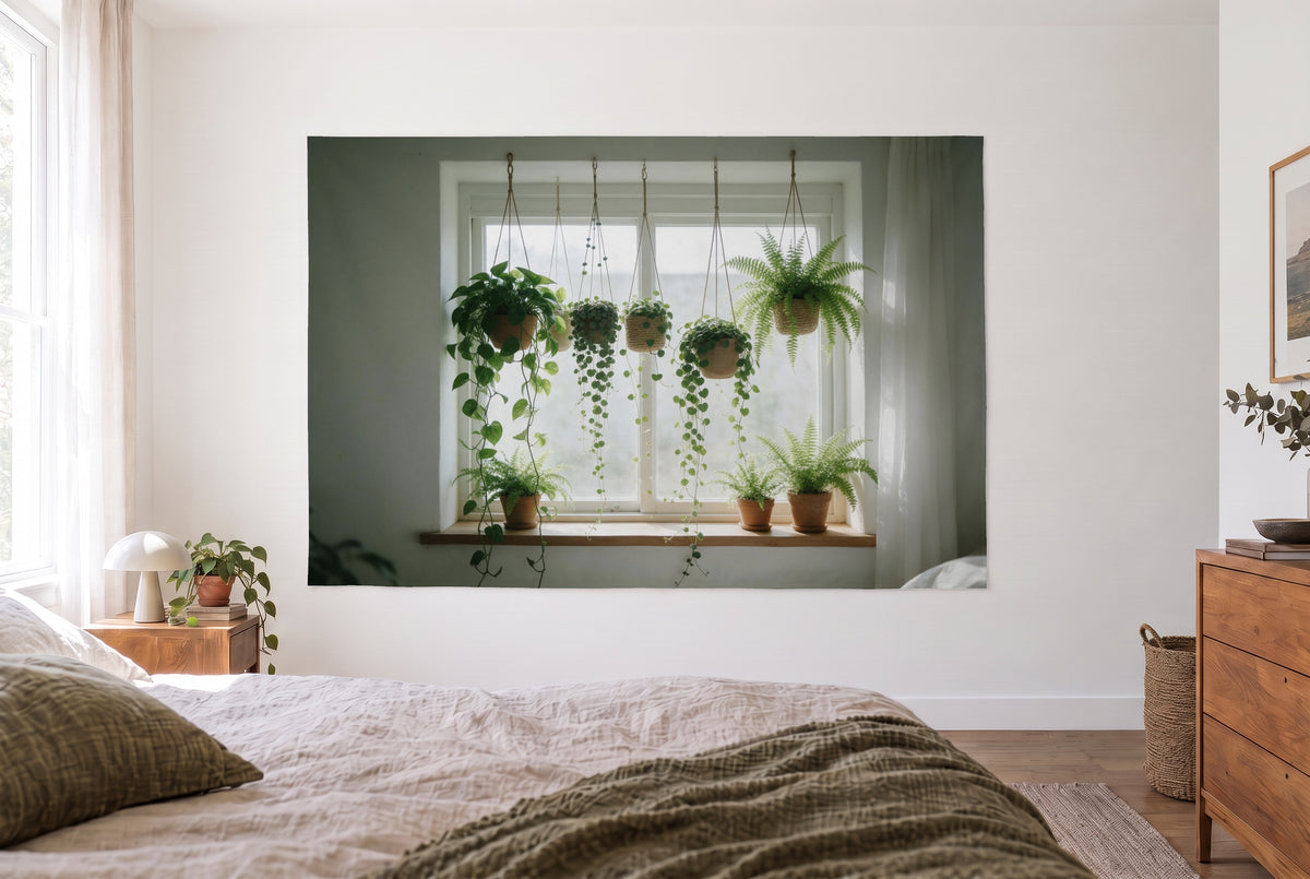 Hanging Plants by the Window tapestry in a bright bedroom opposite the bed, wooden dresser at right – green and white