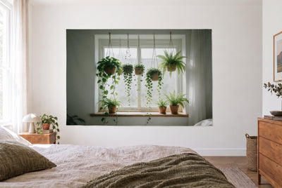 Hanging Plants by the Window tapestry in a bright bedroom opposite the bed, wooden dresser at right – green and white