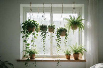 Hanging plants with long tendrils before a bright window, ferns on the sill, tapestry printed on fabric – green and white