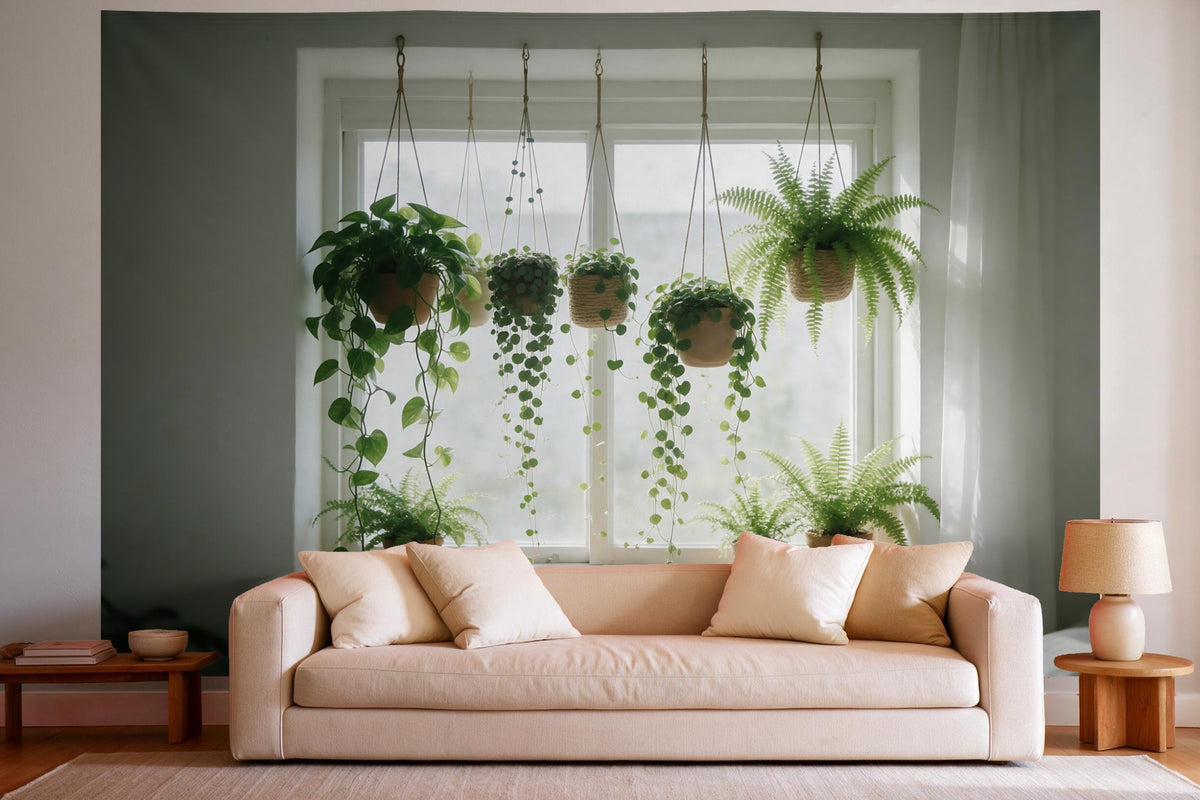 Tapiz de pared XXL Plantas colgantes en la ventana como decoración en un salón luminoso sobre el sofá