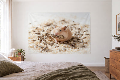 Wandtuch Hamster mit vollen Backen im hellen Schlafzimmer gegenüber dem Bett, rechts eine Holzkommode – Beige und Braun