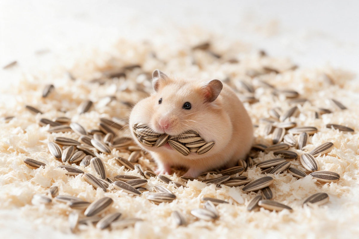 Goldhamster mit vollen Backen zwischen Sonnenblumenkernen, als Wandtuch, auf Stoff gedruckt – Beige und Braun