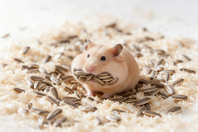 Goldhamster mit vollen Backen zwischen Sonnenblumenkernen, als Wandtuch, auf Stoff gedruckt – Beige und Braun