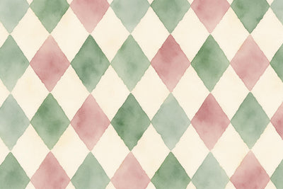 Losanges arlequin en vert sauge et vieux rose sur crème en aquarelle douce, tenture murale imprimée sur tissu