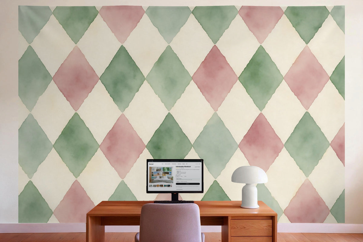 Tapiz de pared XXL Rombos arlequín en salvia y rosa viejo como decoración en la oficina detrás del escritorio