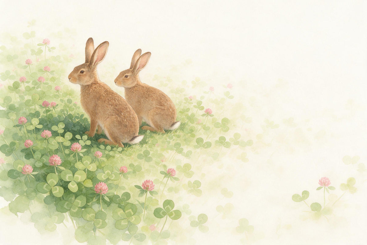 Two brown hares with long ears at left in a green clover meadow with pink blossoms, tapestry printed on fabric – green