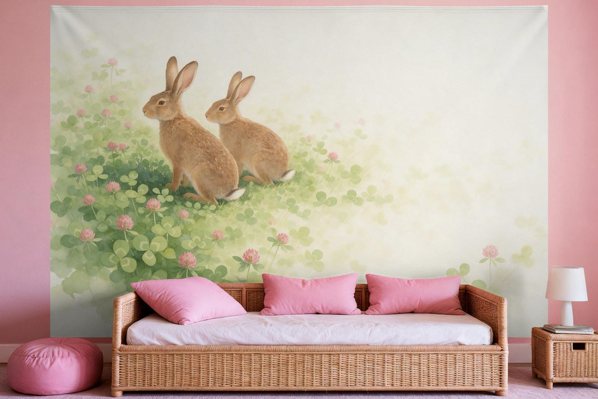 Wandtuch XXL Hasen im Klee als Wanddeko im Mädchenzimmer