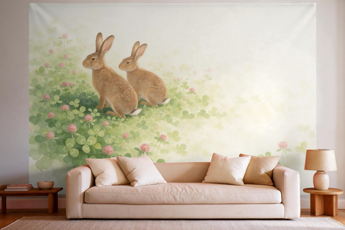 Wanddeko im hellen Wohnzimmer über dem Sofa: Wandtuch Hasen im Klee, auf Stoff gedruckt