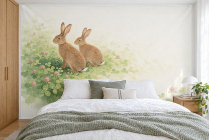 XXL printed fabric: two hares at left in the clover meadow, light paper ground at right, filling the wall behind the bed