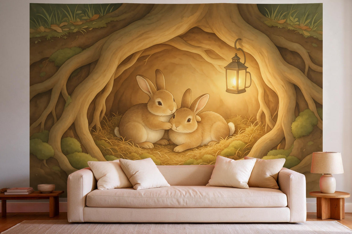 Decoración de pared en un salón luminoso sobre el sofá: tapiz de tela Madriguera de conejos bajo raíces de árbol