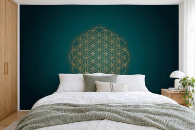 Tapiz de pared grande Geometría sagrada Flor de la vida en el dormitorio, cubriendo la pared detrás de la cama – tela impresa