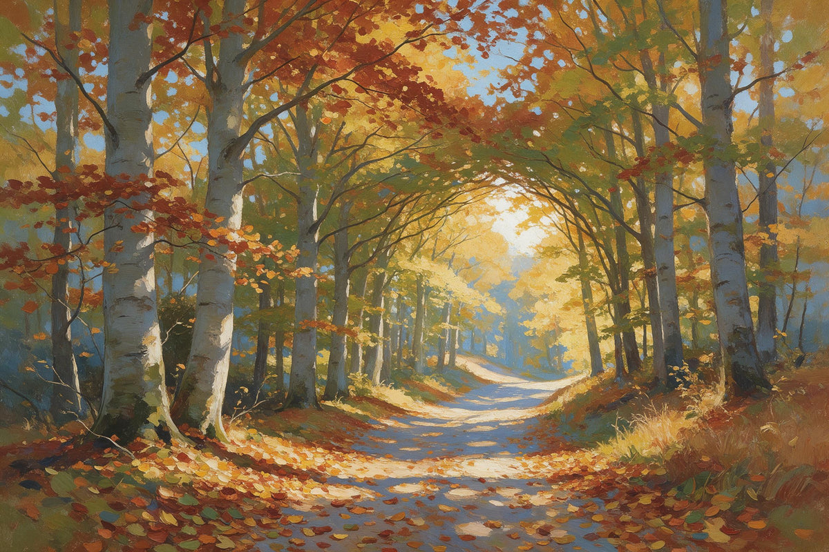 Waldweg durch rotgoldenen Buchenwald mit Laubtunnel, als Wandtuch, auf Stoff gedruckt – Rot und Gold