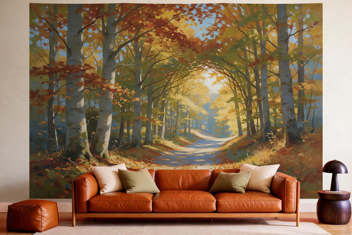 Wandtuch XXL Herbstwald mit Waldweg als Ölgemälde als Wanddeko im gemütlichen Wohnzimmer über dem Ledersofa