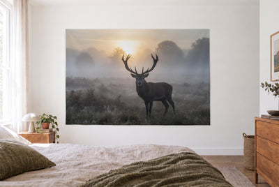 Tenture cerf dans la brume matinale dans la chambre claire face au lit, commode en bois à droite – gris, brun et doré