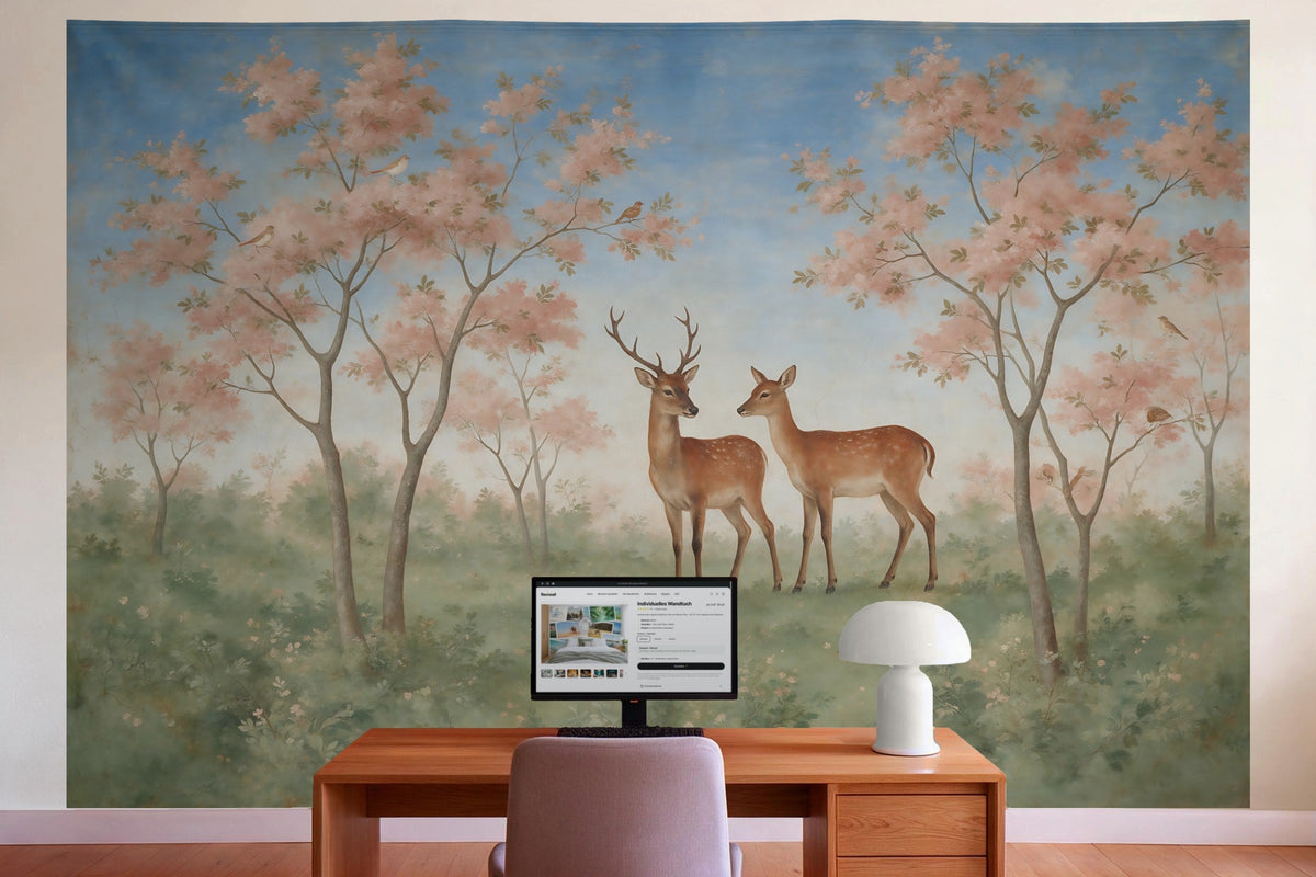 Decoración de pared en la oficina detrás del escritorio: tapiz de tela Ciervos entre árboles en flor como fresco