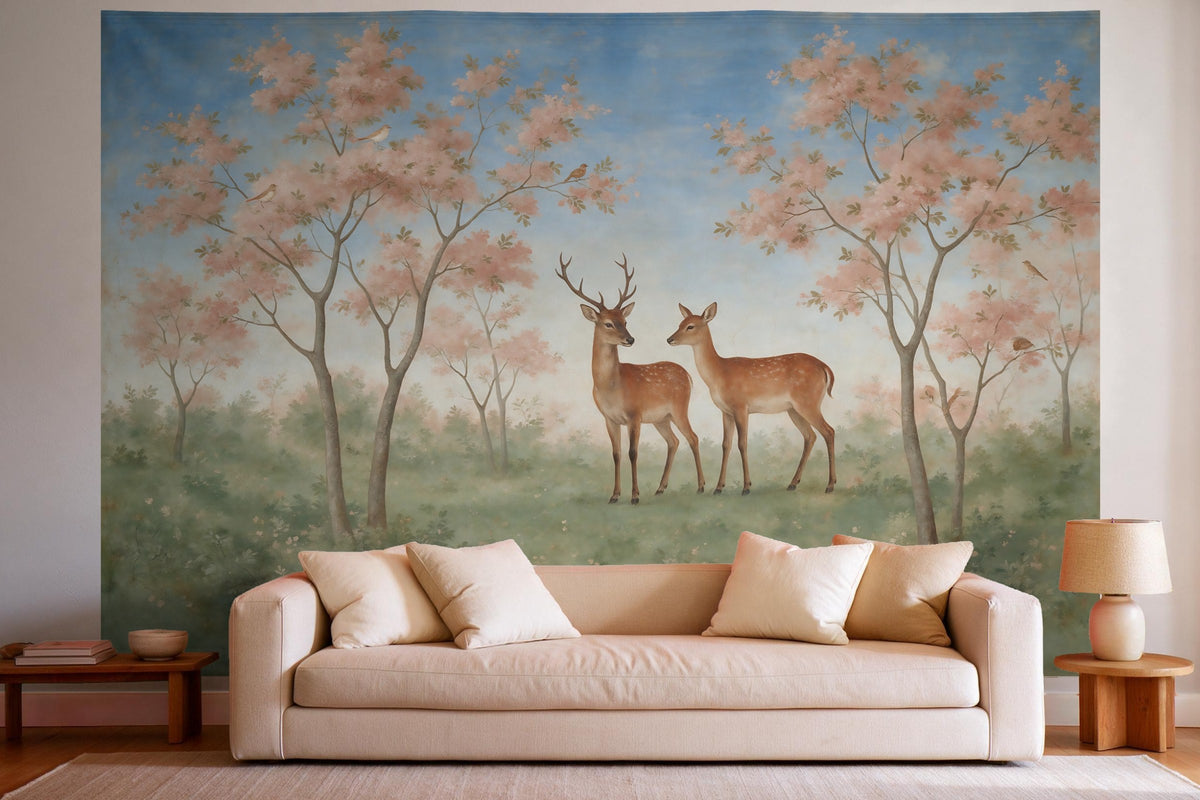 Tapiz de pared XXL Ciervos entre árboles en flor como fresco como decoración en un salón luminoso sobre el sofá