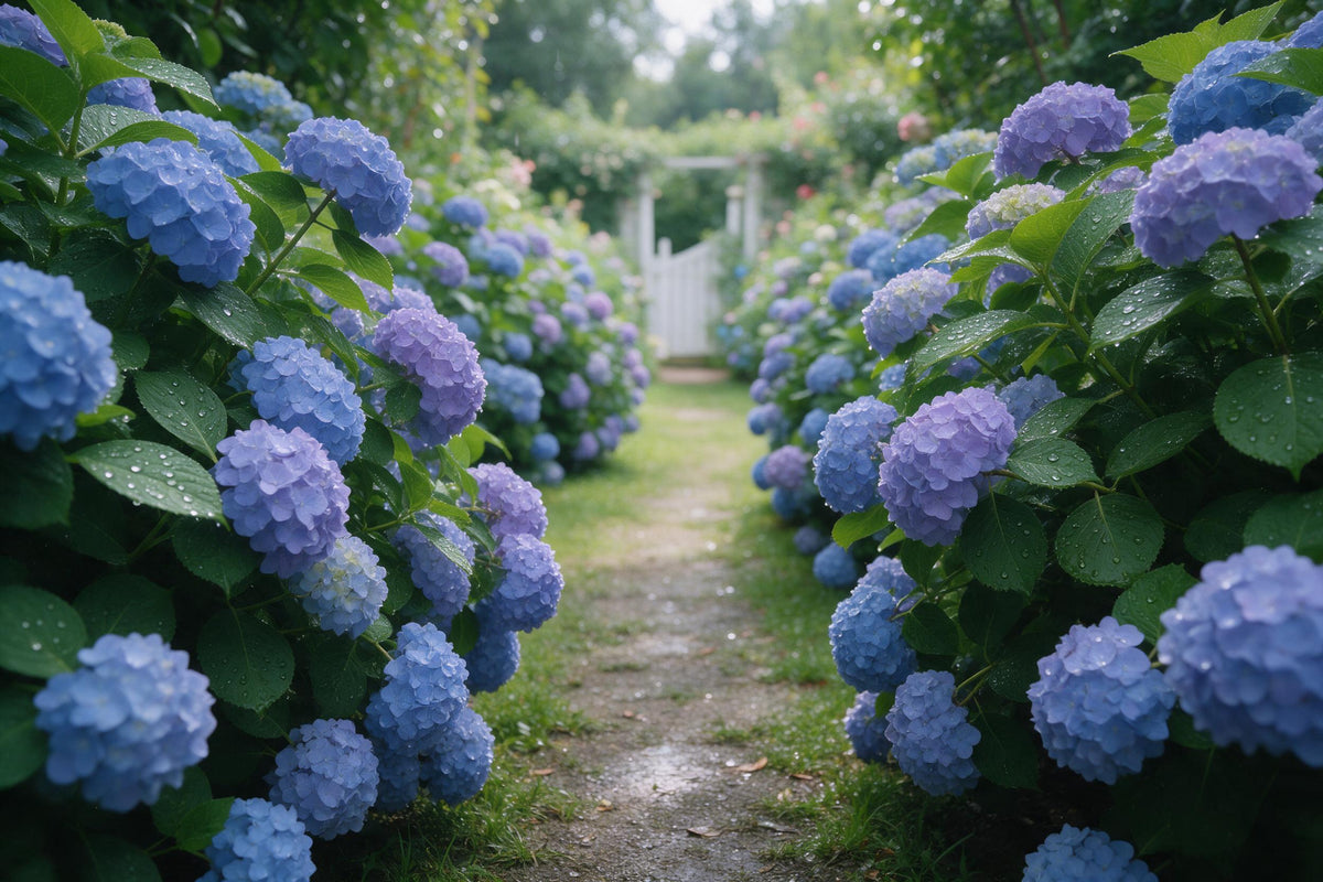 Hortensiengarten in Blau und Violett am Gartenweg zum weissen Tor, als Wandtuch, auf Stoff gedruckt – Blau und Grün