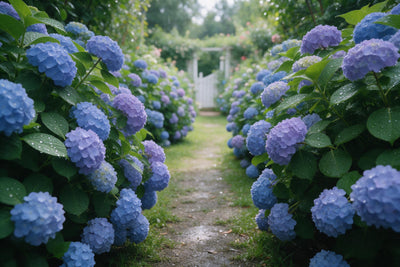 Hortensiengarten in Blau und Violett am Gartenweg zum weissen Tor, als Wandtuch, auf Stoff gedruckt – Blau und Grün