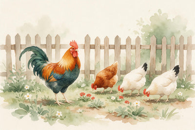 Colorful rooster left and three pecking hens by the wooden fence, cottage garden tapestry printed on fabric – green and red