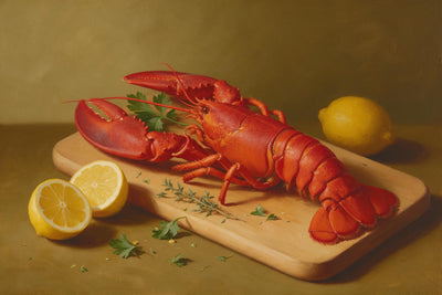Red lobster across a light wooden board with lemons and herbs on olive brown, tapestry printed on fabric – red, yellow