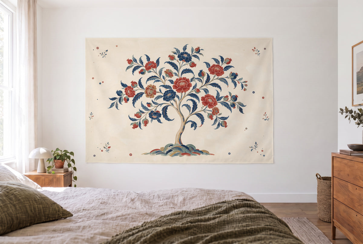 Tapiz árbol en flor indiana rojo e índigo en dormitorio claro frente a la cama, cómoda de madera a la derecha