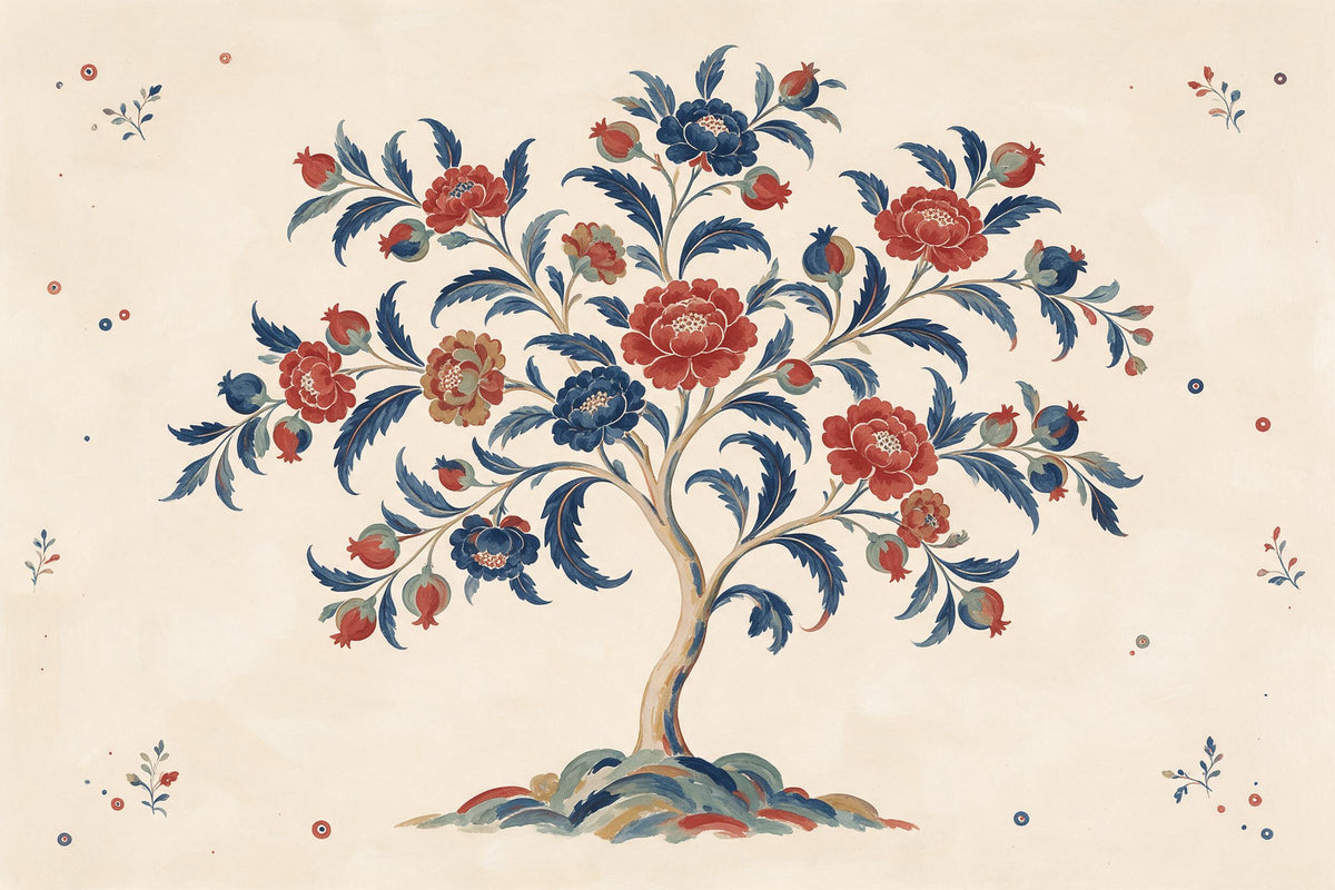 Árbol en flor con flores rojas e índigo de estilo indiana sobre fondo crema, tapiz impreso en tela – rojo y azul