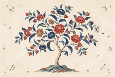 Árbol en flor con flores rojas e índigo de estilo indiana sobre fondo crema, tapiz impreso en tela – rojo y azul