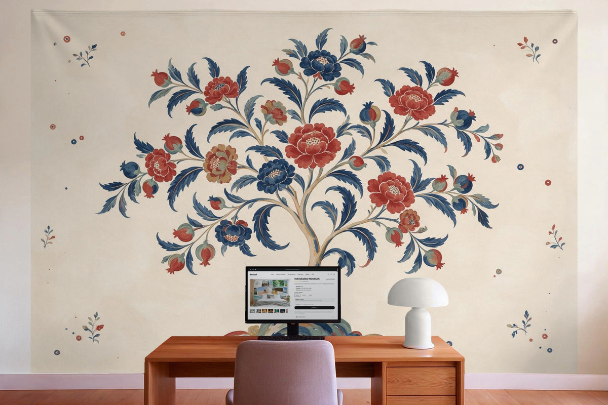 Wall decor in a home office behind the desk: printed fabric tapestry Indienne Flowering Tree in Red and Indigo