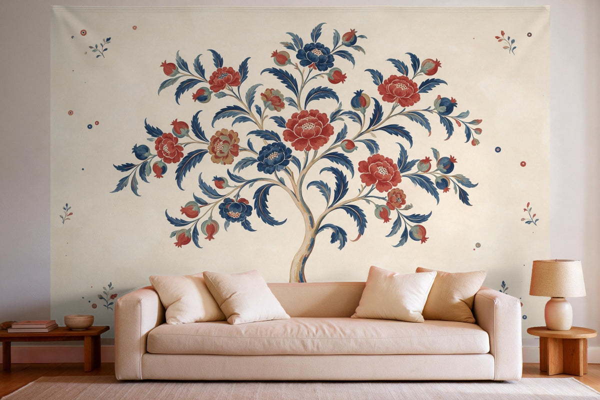 XXL wall tapestry Indienne Flowering Tree in Red and Indigo as wall decor in a bright living room above the sofa