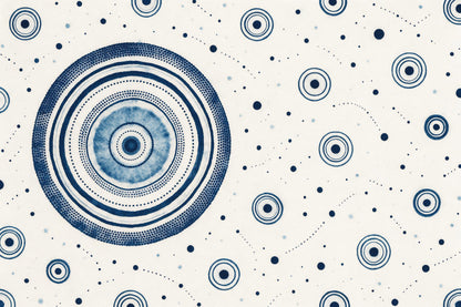 Batik pattern with a large ring circle on the left, small circles, dots and lines, tapestry printed on fabric – indigo