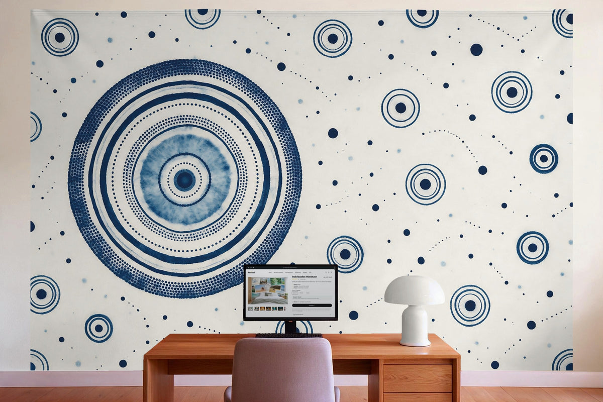 Tenture murale XXL Motif batik indigo avec cercles en déco murale dans le bureau derrière la table de travail