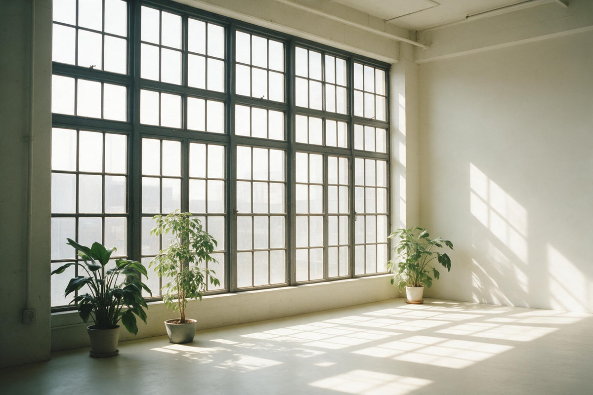 Loft with tall anthracite grey grid windows at left and three green plants, tapestry printed on fabric – grey and green