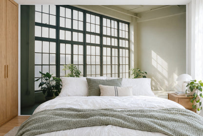 XXL printed fabric: tall grid windows left of centre, bright wall at right, full wall behind the bed