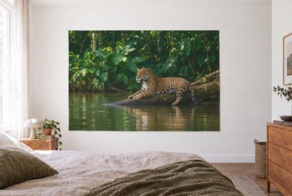 Tapiz jaguar en la orilla del río, dormitorio claro frente a la cama, cómoda de madera a la derecha – verde y dorado