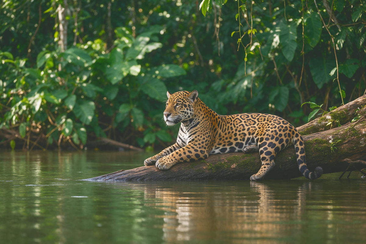 Jaguar con rosetas oscuras sobre un tronco musgoso junto a un río de la selva, tapiz impreso en tela – verde y dorado