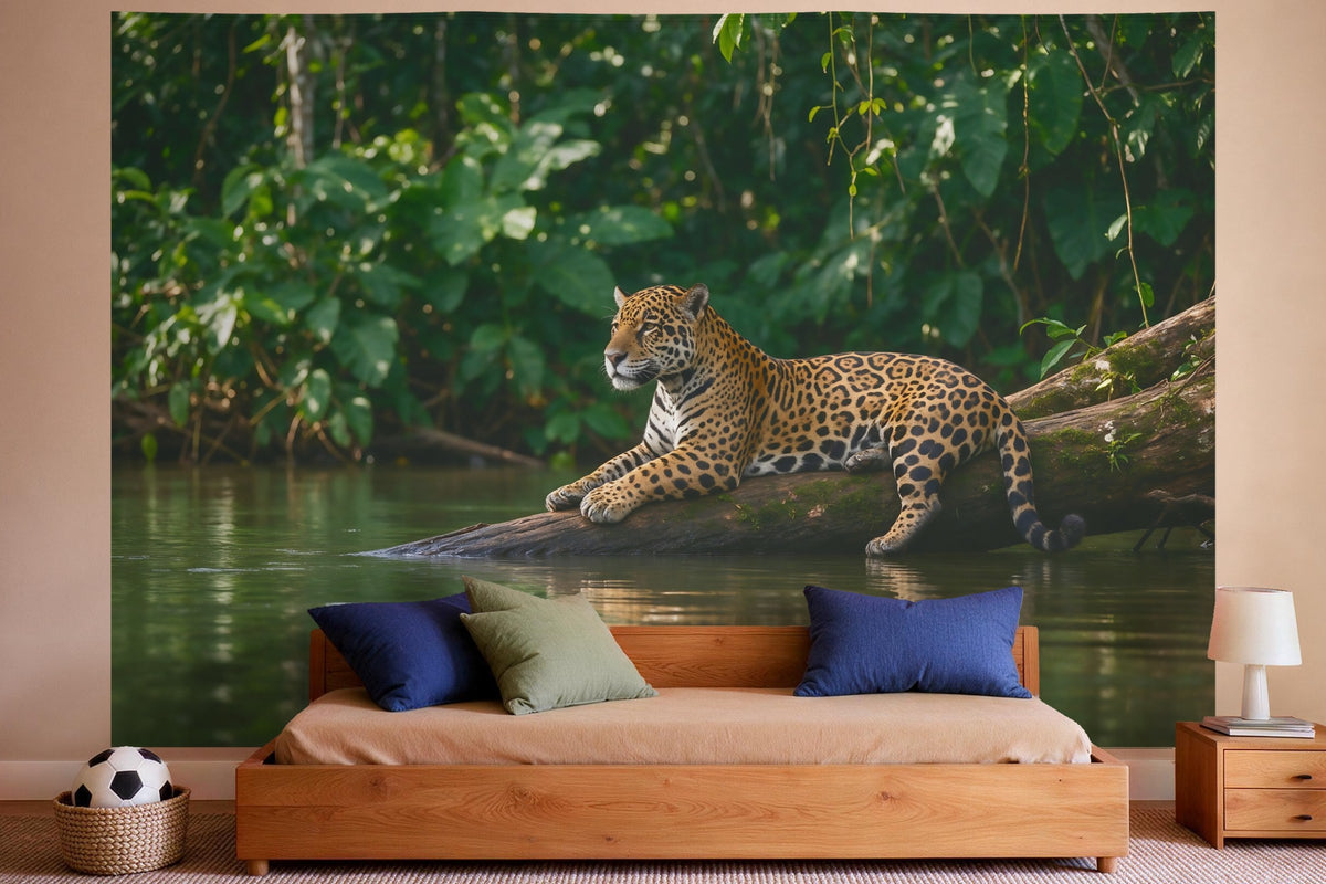 Wall decor in a boys' bedroom: printed fabric tapestry Jaguar on the Riverbank