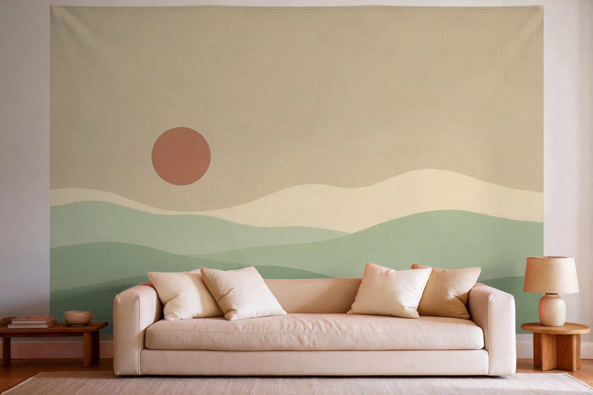 XXL wall tapestry Japandi Hills with Round Sun as wall decor in a bright living room above the sofa