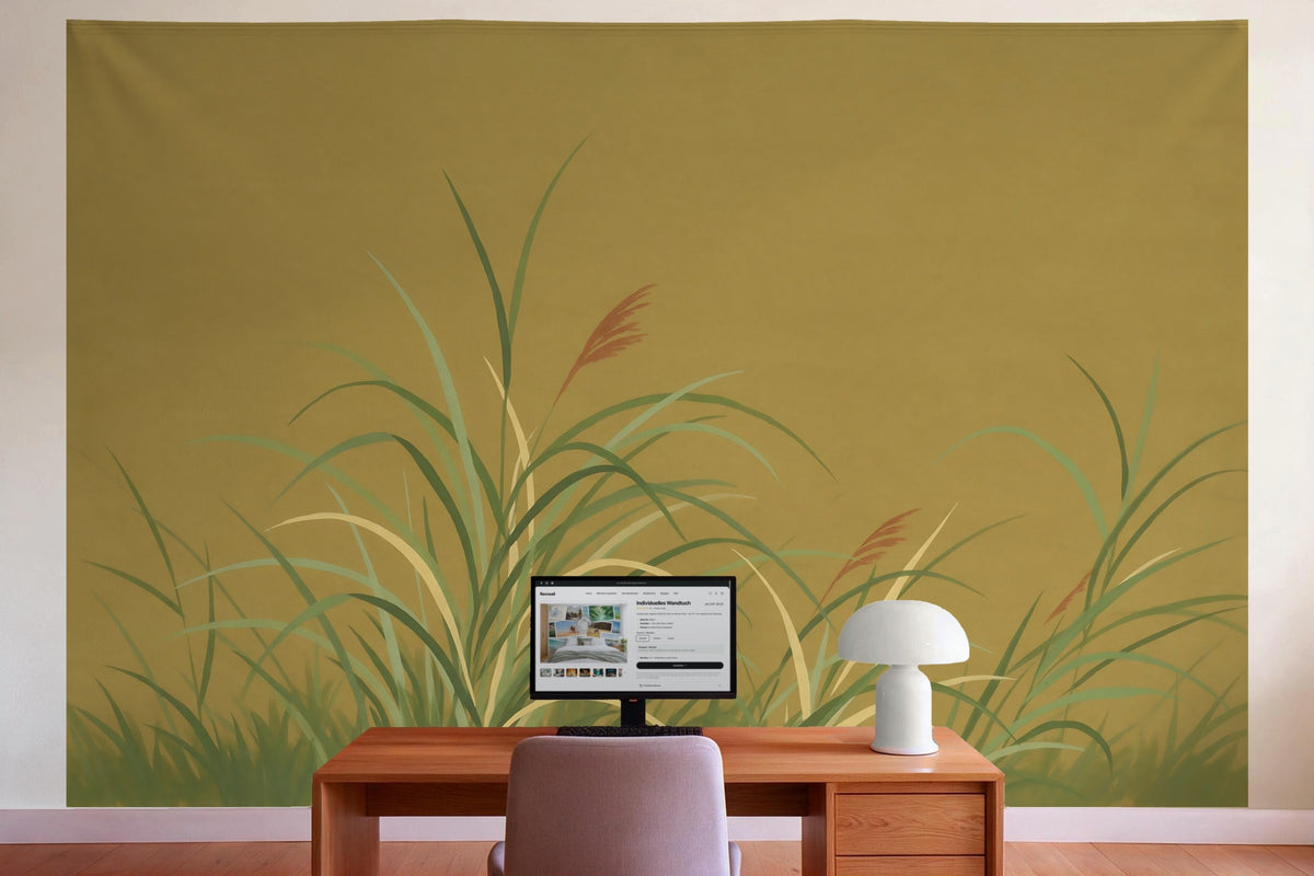 Decoración de pared en la oficina detrás del escritorio: tapiz de tela Hierbas japonesas sobre fondo dorado
