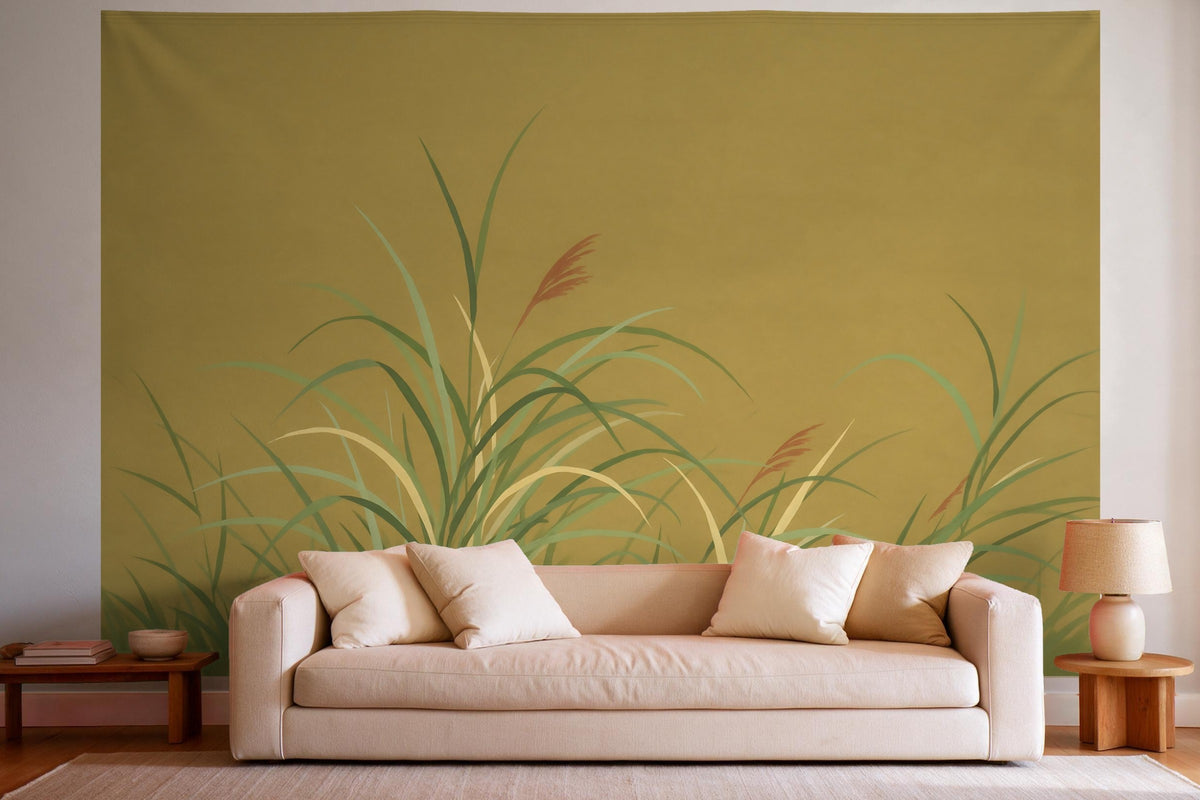 Tapiz de pared XXL Hierbas japonesas sobre fondo dorado como decoración en un salón luminoso sobre el sofá