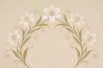 Jugendstil-Lilien: fünf weisse Lilien im Bogen mit goldenen Ranken auf Beige, als Wandtuch, auf Stoff gedruckt – Grün, Gold