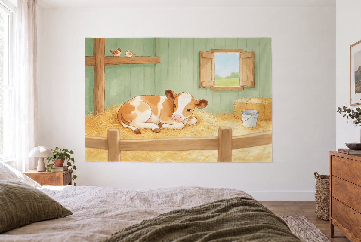 Calf in the Straw tapestry in the bright bedroom opposite the bed, wooden dresser on the right – brown and green
