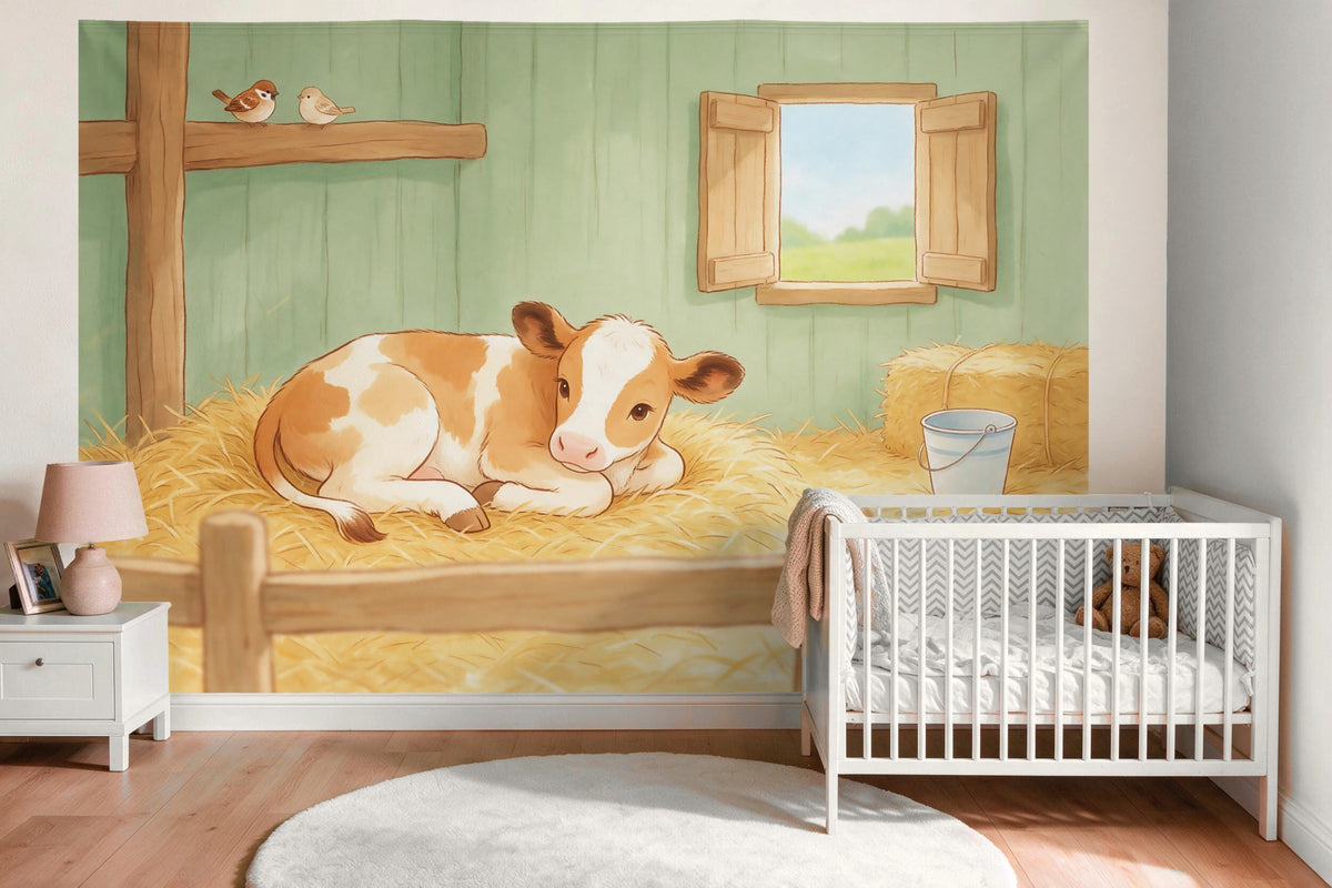 XXL wall tapestry Calf in the Straw as wall decor in the nursery above the crib