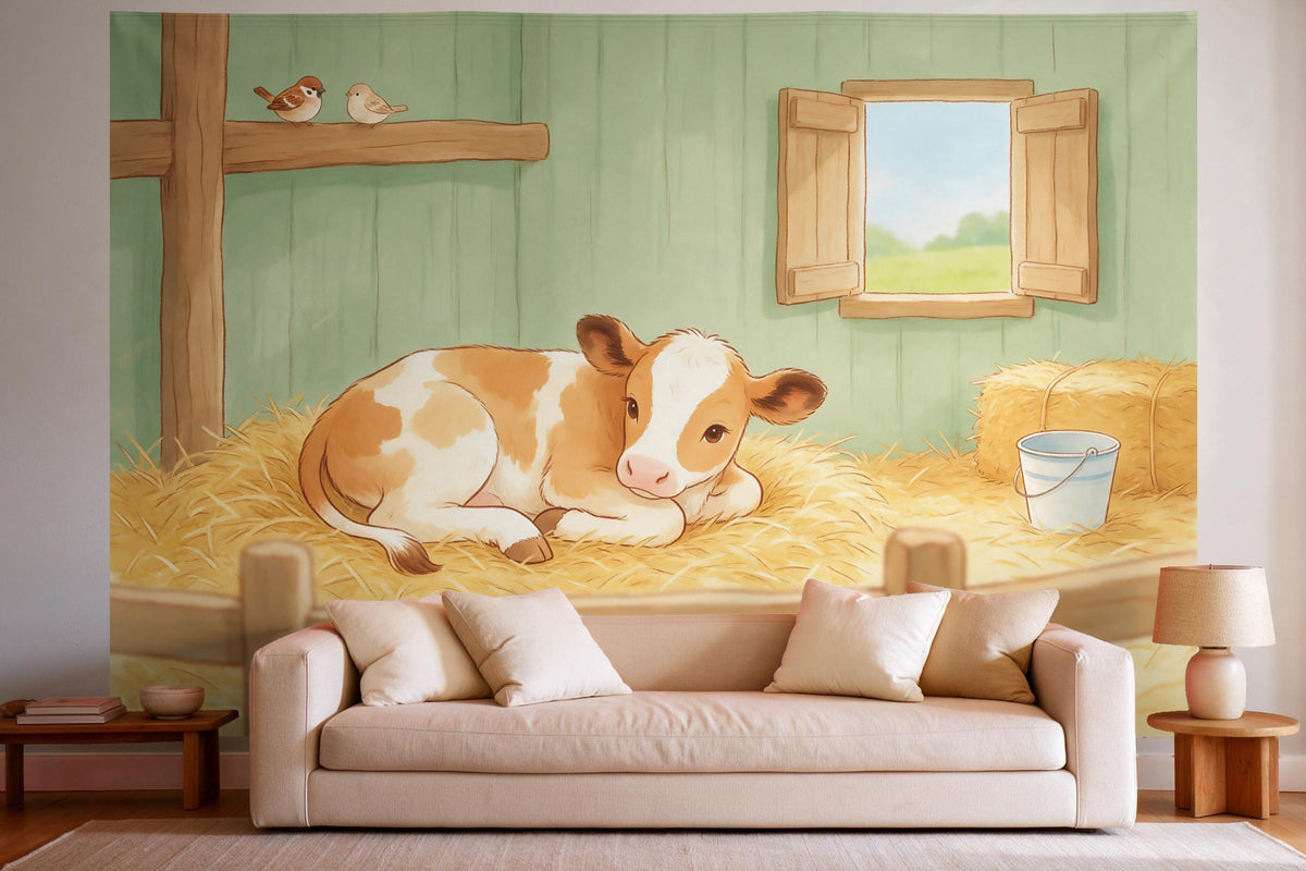 Wall decor in a bright living room above the sofa: printed fabric tapestry Calf in the Straw