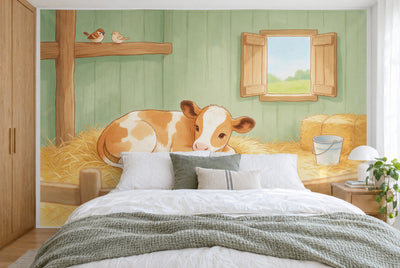 XXL printed fabric: calf in the straw in the center, barn window and sparrows behind, filling the wall behind the bed