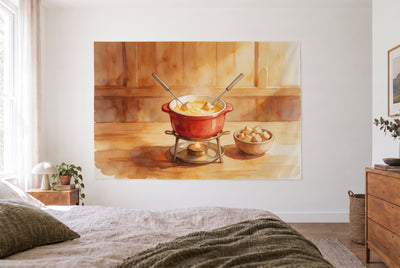 Cheese Fondue in a Caquelon tapestry in the bright bedroom opposite the bed, wooden dresser at right – red and yellow